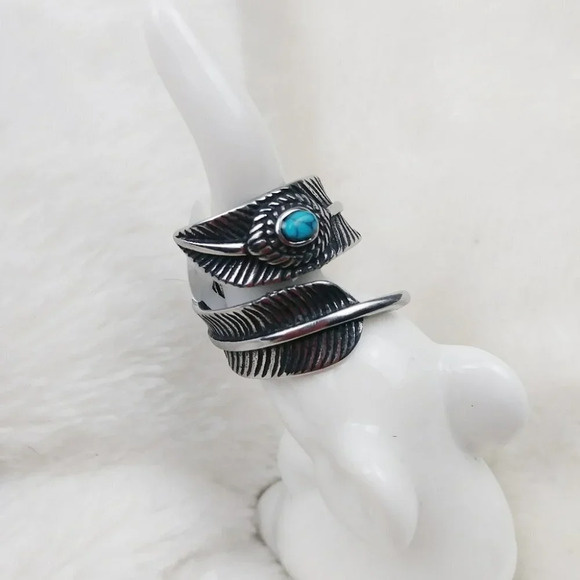 Boho Stainless Steel Feather Turquoise Ring Festival Gypsy Bohemian - Picture 3 of 8